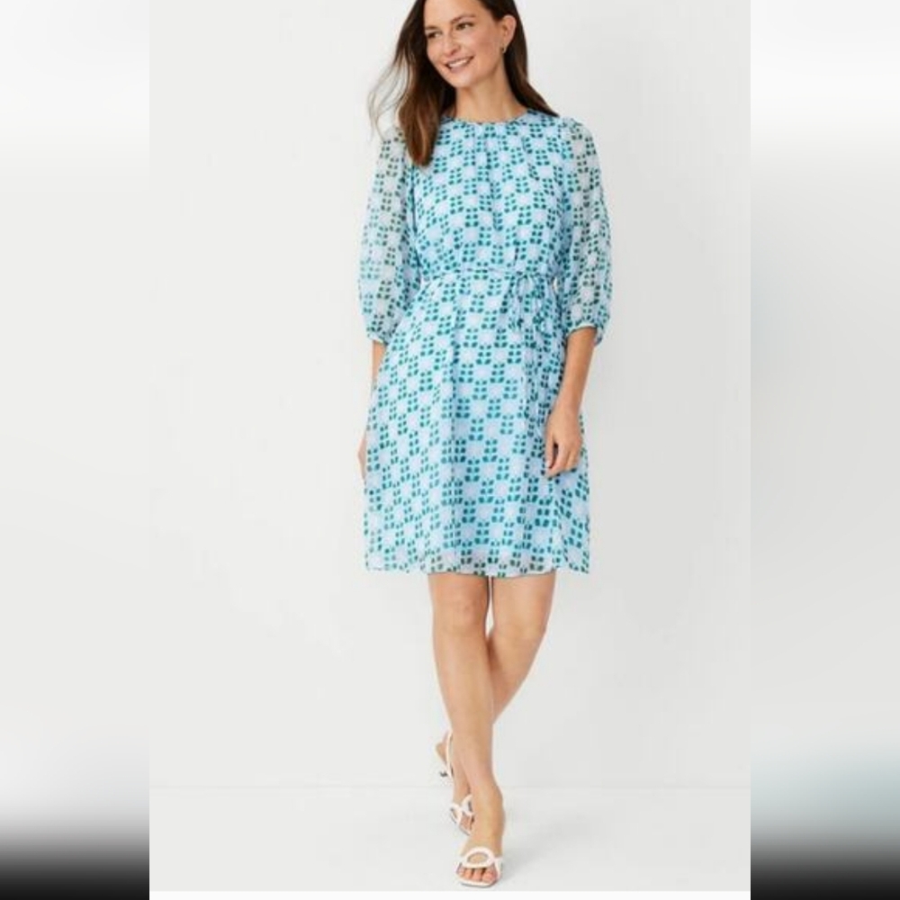 Ann Taylor Womens Floral Tile Belted Shift Dress Size 6 Blue Green Spring/Easter